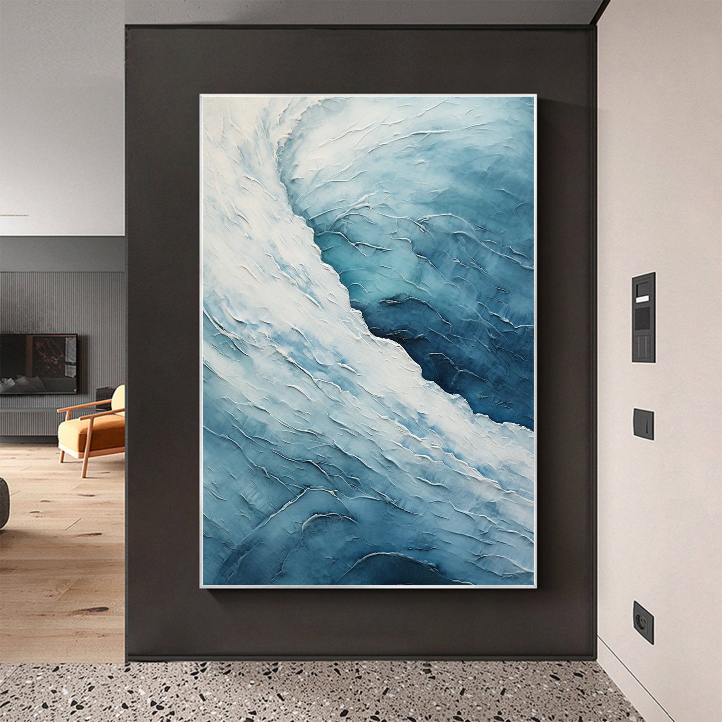 Ocean Blue & White Textured Abstract Oil Painting for Modern Home Decor