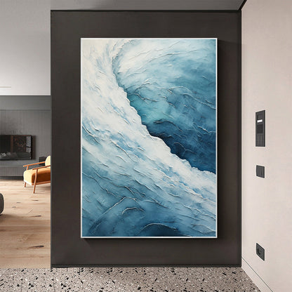 Ocean Blue & White Textured Abstract Oil Painting for Modern Home Decor