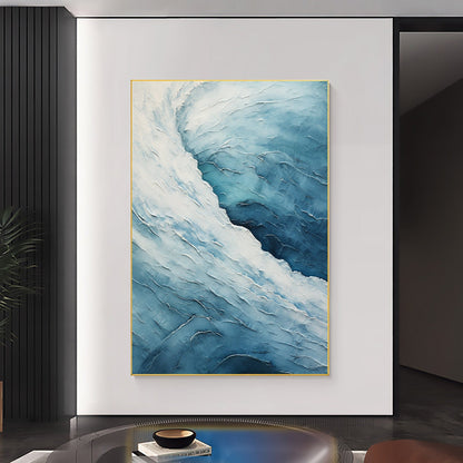 Ocean Blue & White Textured Abstract Oil Painting for Modern Home Decor