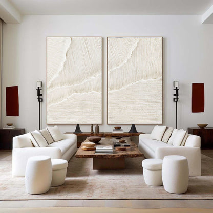 Contemporary White Beige Abstract Oil Painting Duo for Minimalist Interiors