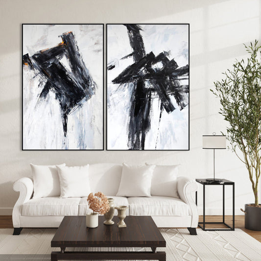 Abstract Black and White Oil Painting Duo for Modern Home Decor