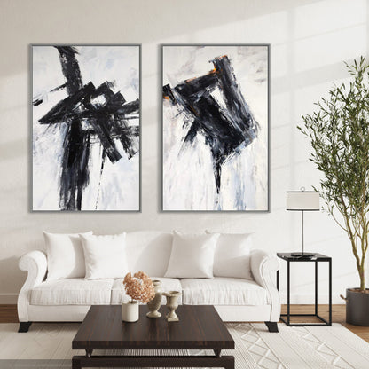 Abstract Black and White Oil Painting Duo for Modern Home Decor