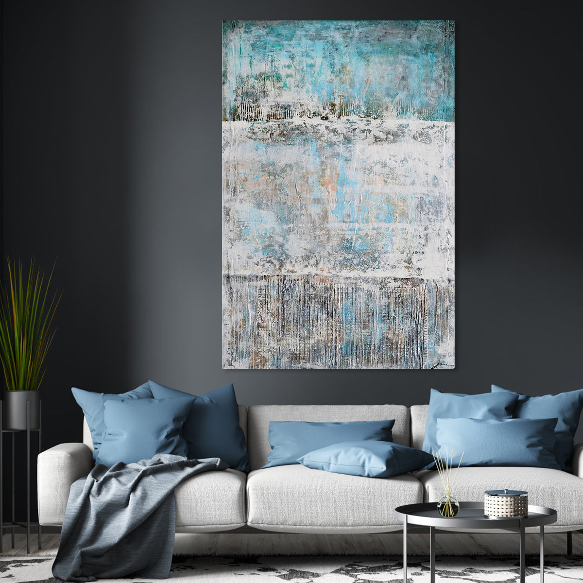 Serene Abstract Oil Painting with Blue and Gray Textures for Modern Home Decor