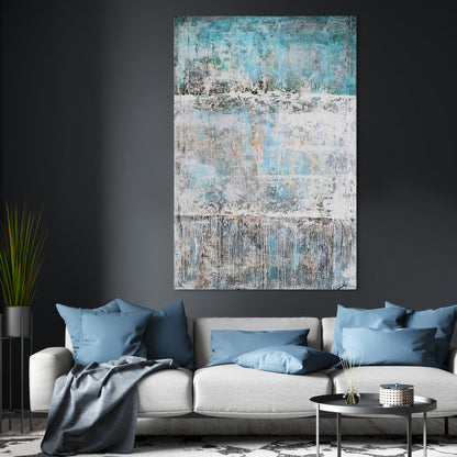 Serene Abstract Oil Painting with Blue and Gray Textures for Modern Home Decor