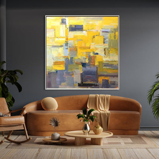 Vibrant Abstract Oil Painting in Yellow and Gray for Modern Art Lovers