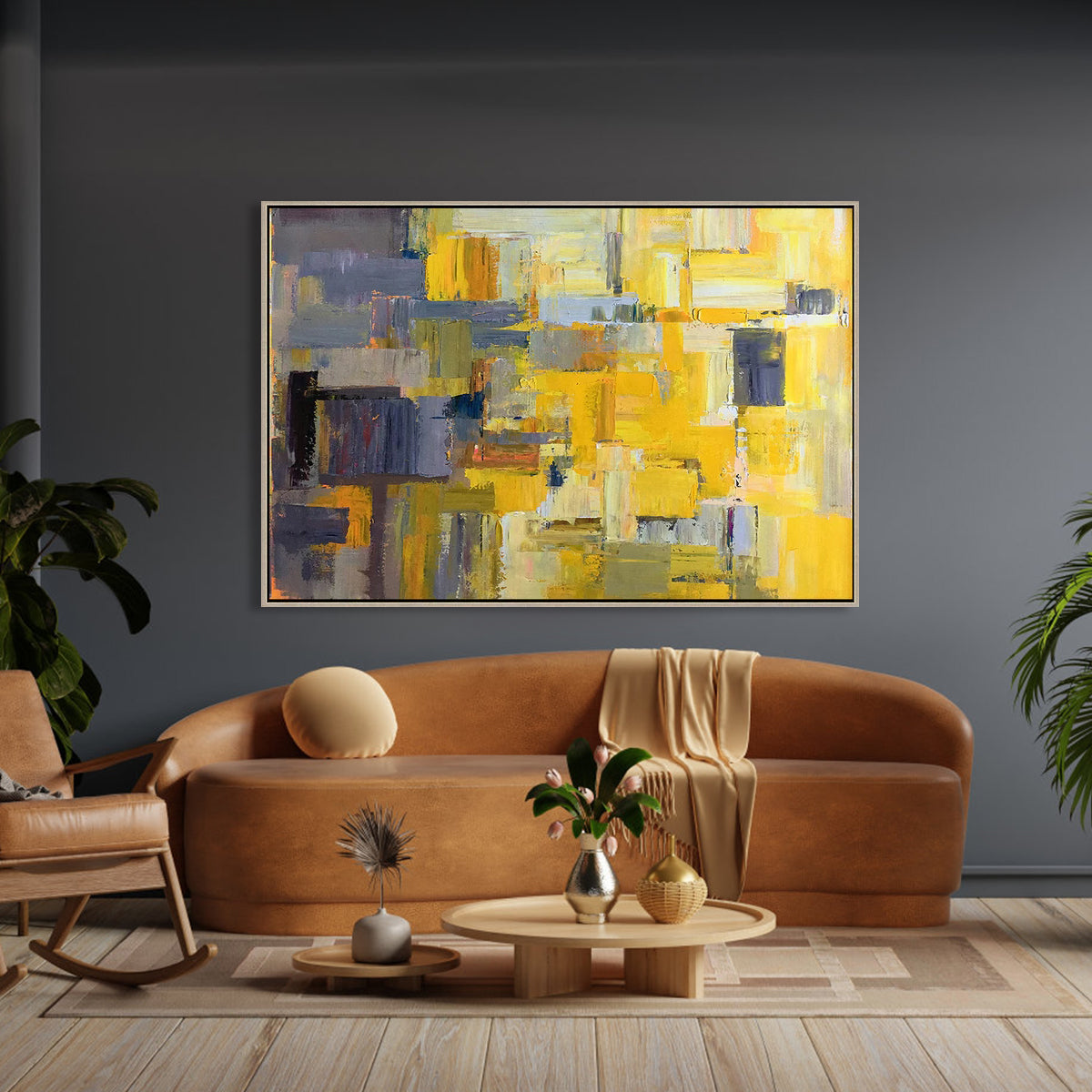 Vibrant Abstract Oil Painting in Yellow and Gray for Modern Art Lovers