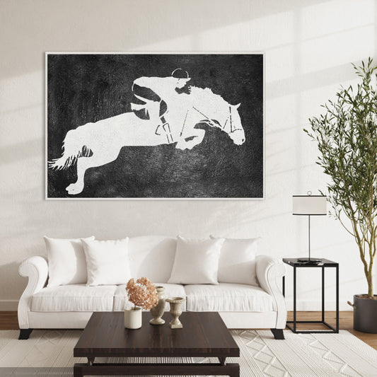 Dynamic Equestrian Jumping Art – Elegant Horse and Rider Oil Painting