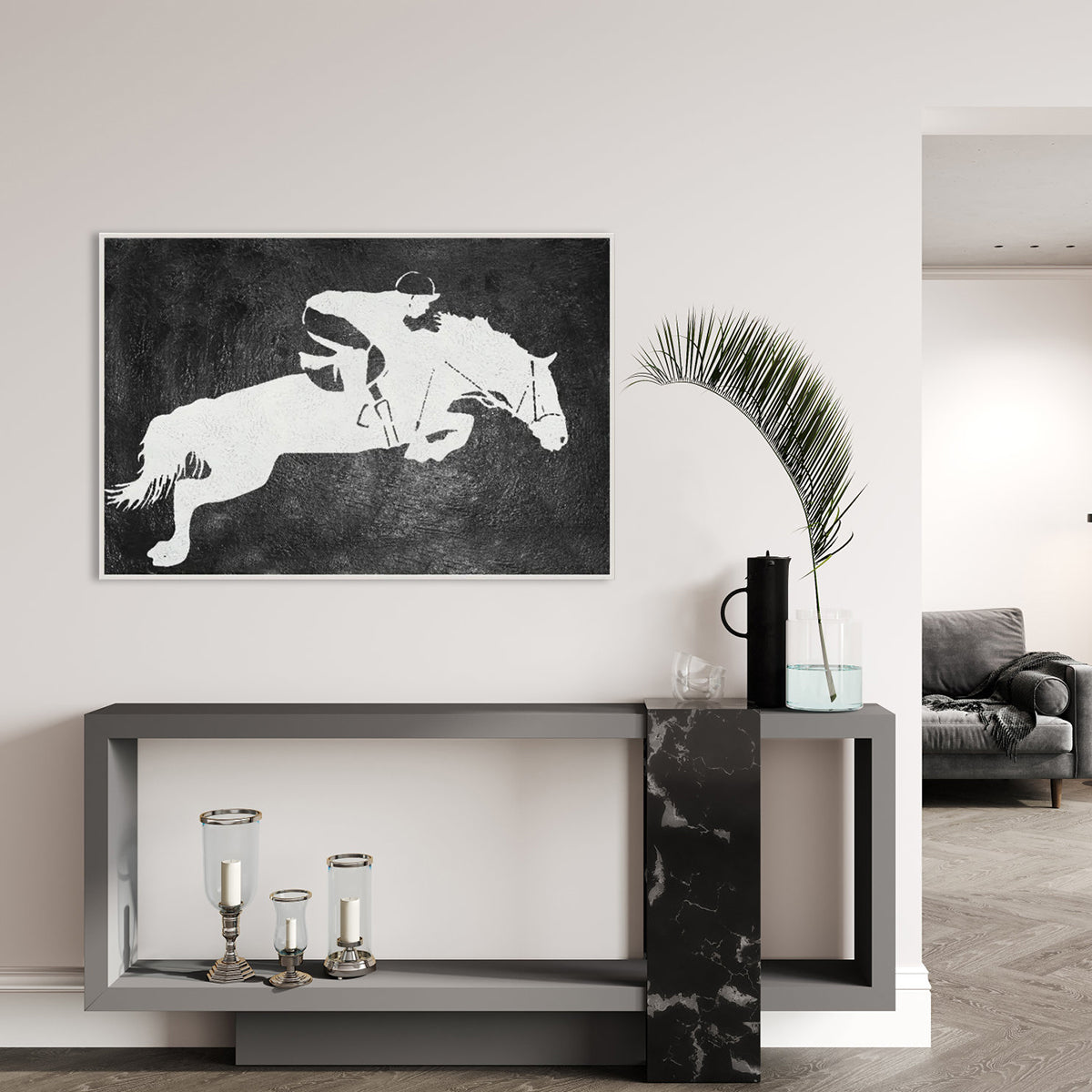Dynamic Equestrian Jumping Art – Elegant Horse and Rider Oil Painting