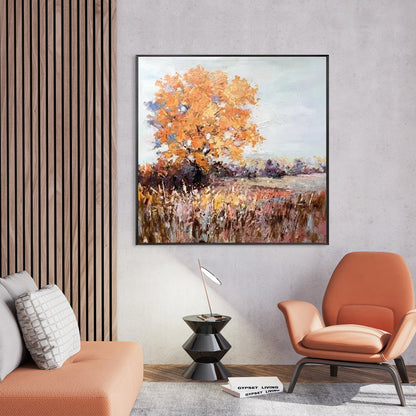 Vibrant Autumn Landscape Oil Painting with Golden Leaves and Serene Colors