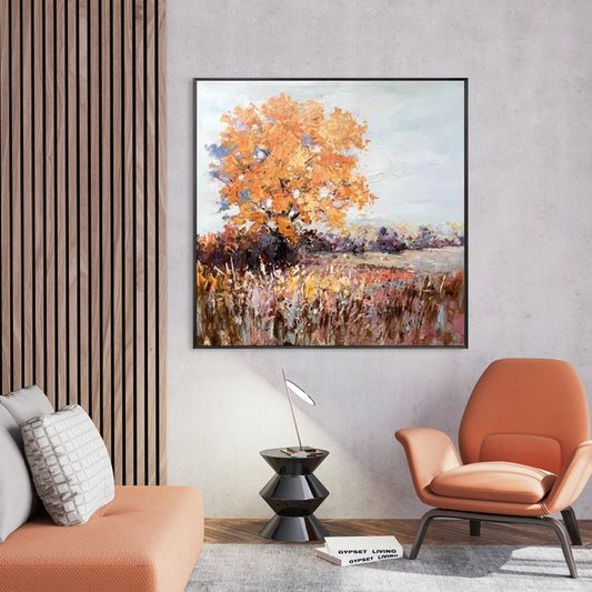 Vibrant Autumn Landscape Oil Painting with Golden Leaves and Serene Colors