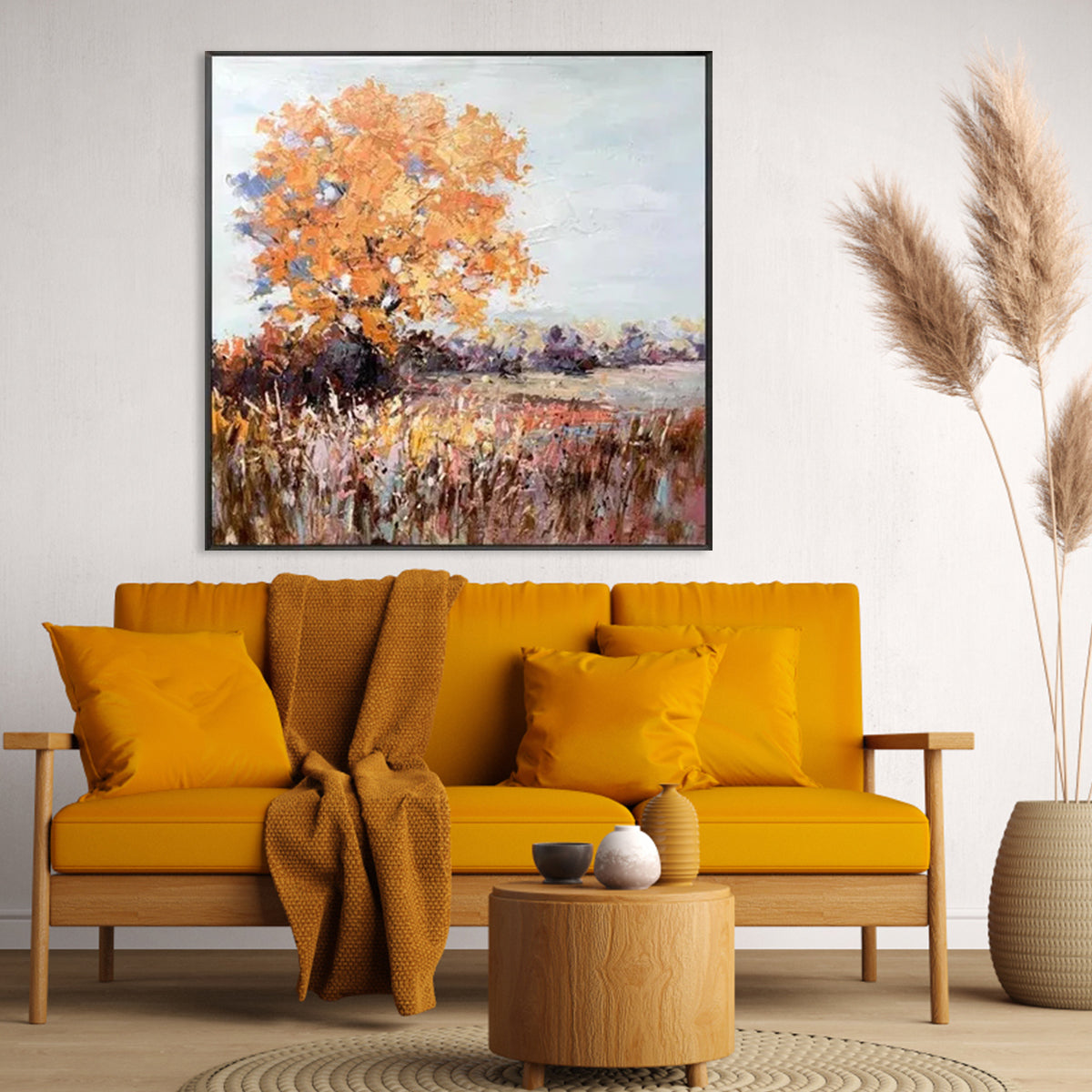 Vibrant Autumn Landscape Oil Painting with Golden Leaves and Serene Colors