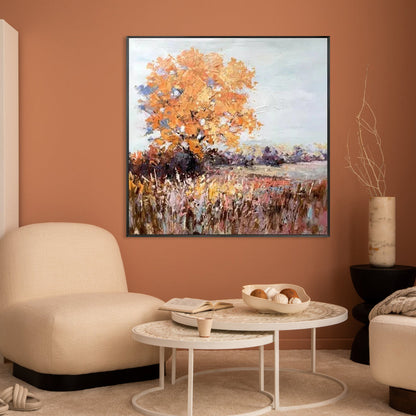 Vibrant Autumn Landscape Oil Painting with Golden Leaves and Serene Colors