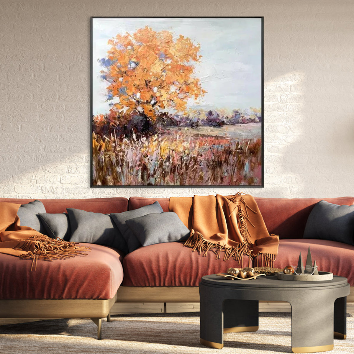 Vibrant Autumn Landscape Oil Painting with Golden Leaves and Serene Colors