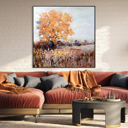Vibrant Autumn Landscape Oil Painting with Golden Leaves and Serene Colors