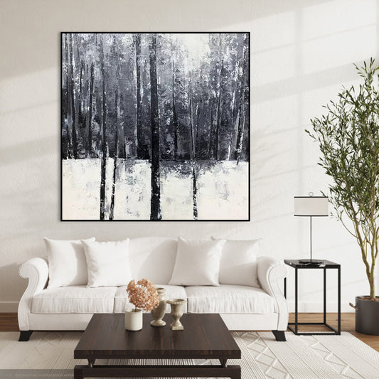 Serene Winter Landscape Oil Painting with Frosty Trees and White Snow