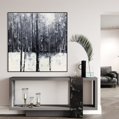 Serene Winter Landscape Oil Painting with Frosty Trees and White Snow