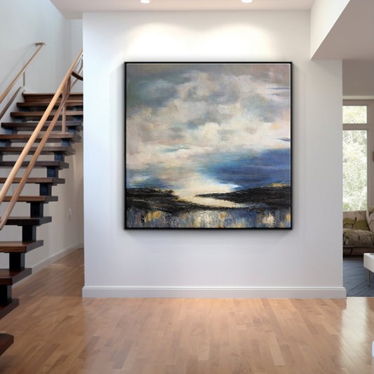 Serene Horizon: Abstract Oil Painting of Sky and Water Blending