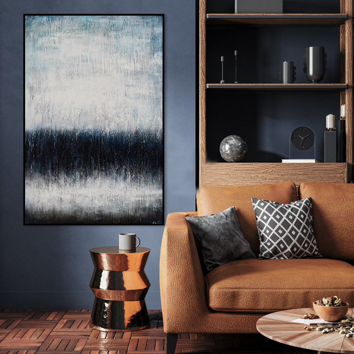 Modern Abstract Oil Painting with Serene Blue and Black Tones for Elegant Décor