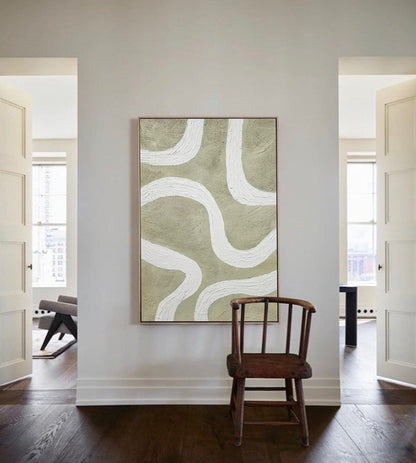 Modern Minimalist Line Art Painting with Abstract White Curves on Earthy Background