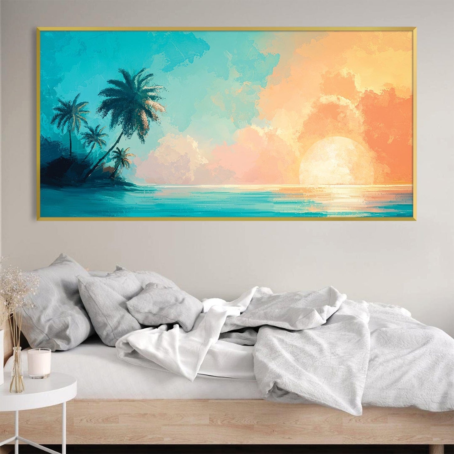 Tropical Sunset Paradise Oil Painting for Home Decor and Coastal Living