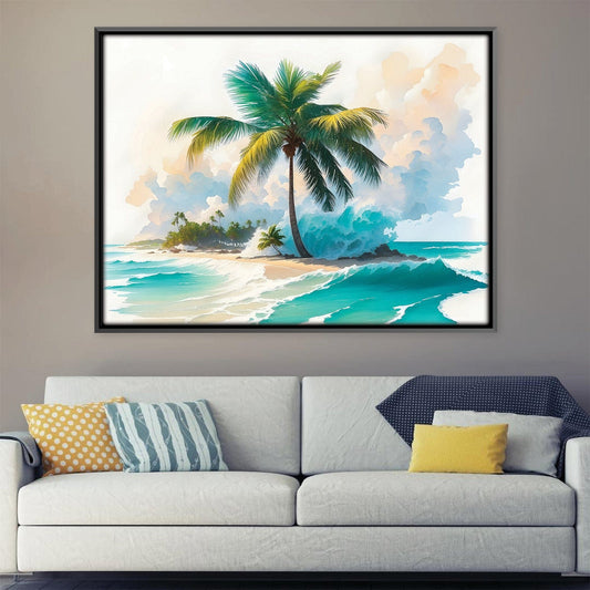 Tropical Paradise Oil Painting with Palm Trees and Ocean Waves