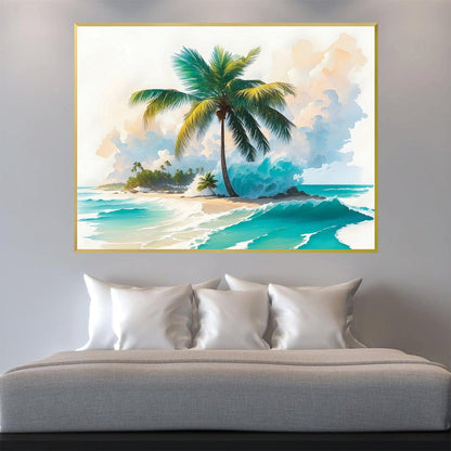 Tropical Paradise Oil Painting with Palm Trees and Ocean Waves