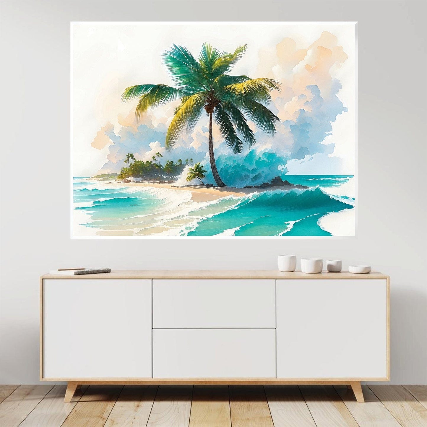 Tropical Paradise Oil Painting with Palm Trees and Ocean Waves