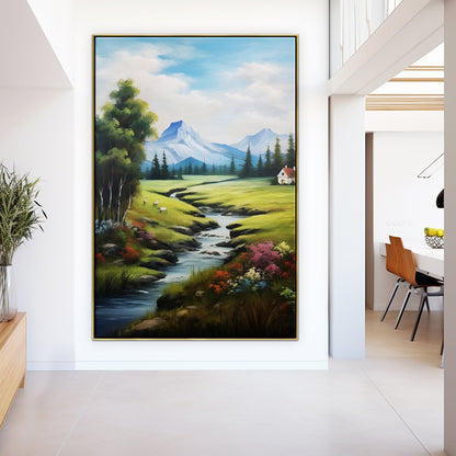 Serene Landscape with Mountains and Stream - Beautiful Oil Painting for Home Decor