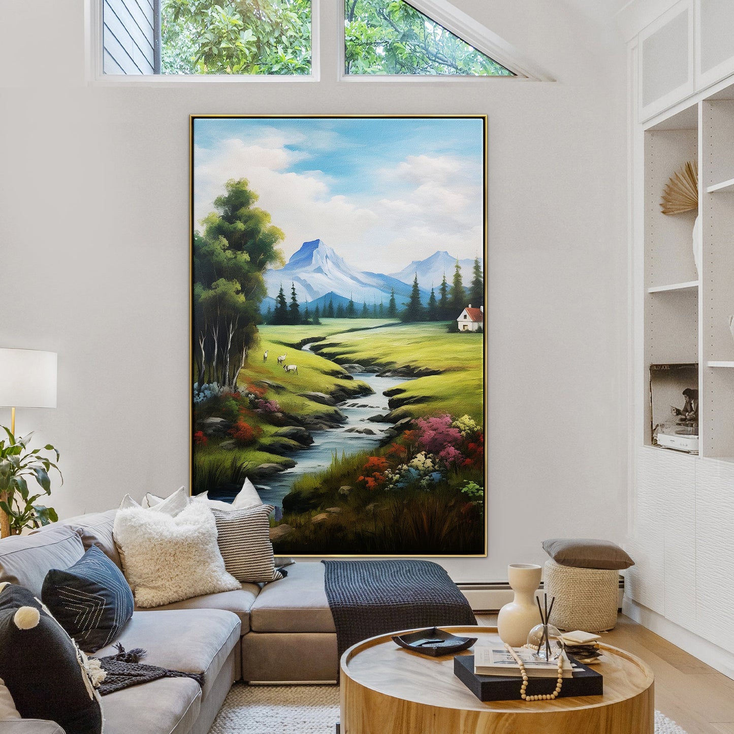 Serene Landscape with Mountains and Stream - Beautiful Oil Painting for Home Decor