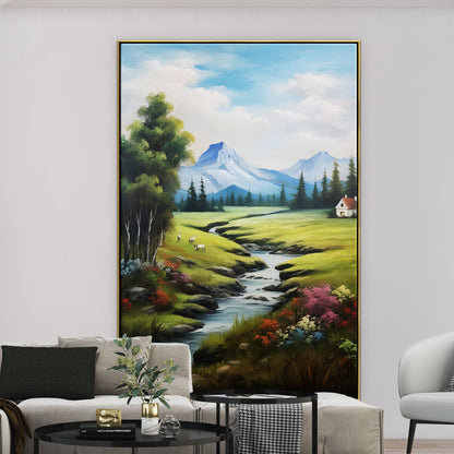 Serene Landscape with Mountains and Stream - Beautiful Oil Painting for Home Decor