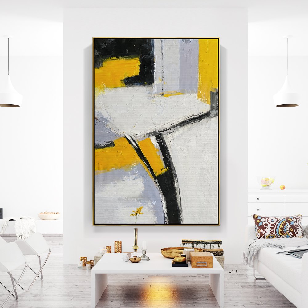 Abstract Yellow and Black Oil Painting for Modern Home Decor