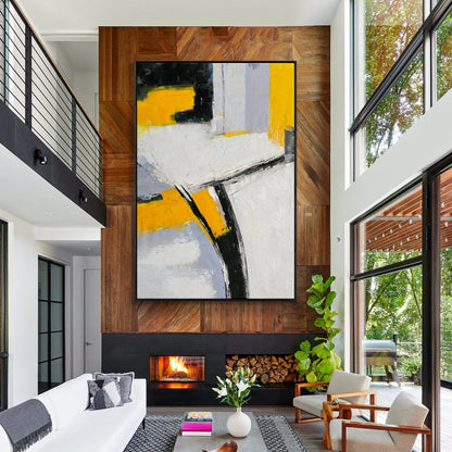 Abstract Yellow and Black Oil Painting for Modern Home Decor