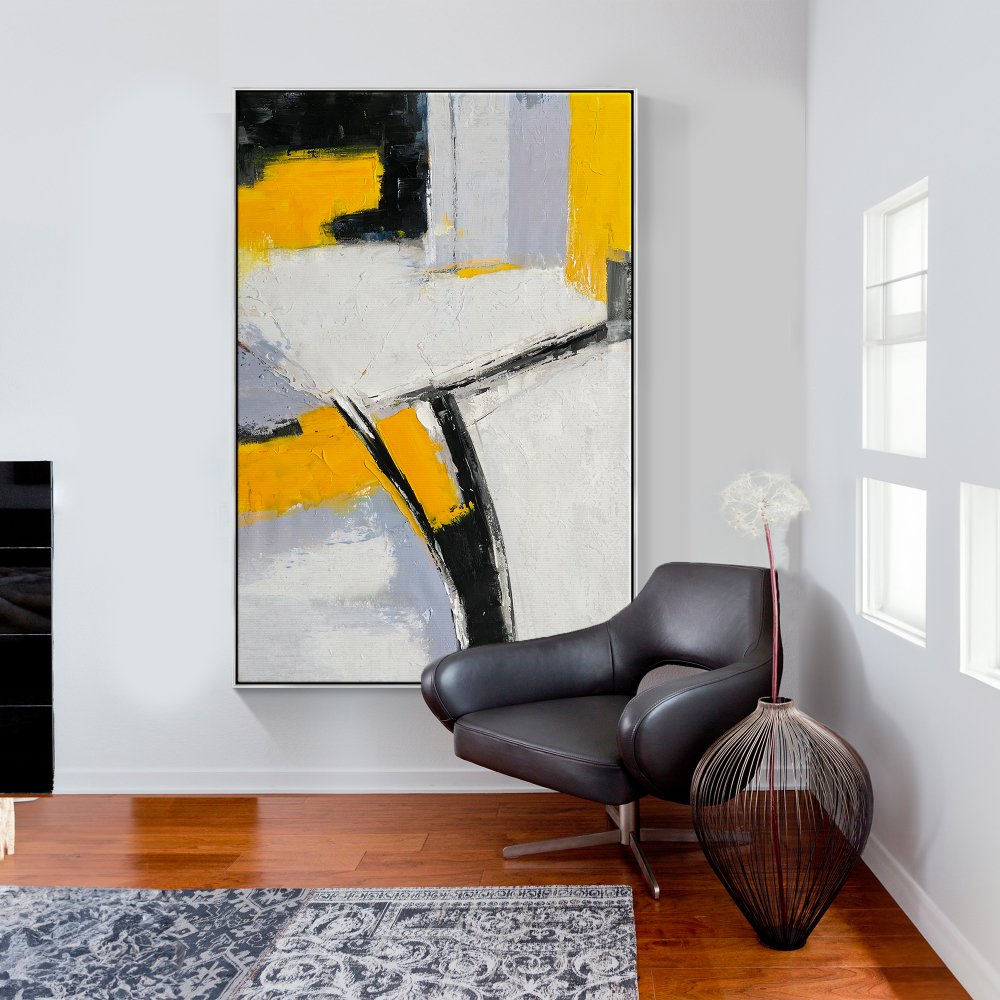 Abstract Yellow and Black Oil Painting for Modern Home Decor