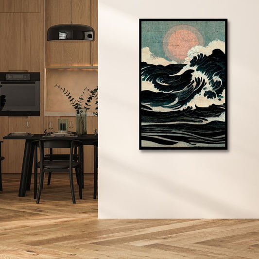 Japandi Inspired Oil Painting of Energetic Waves with Serene Sunset