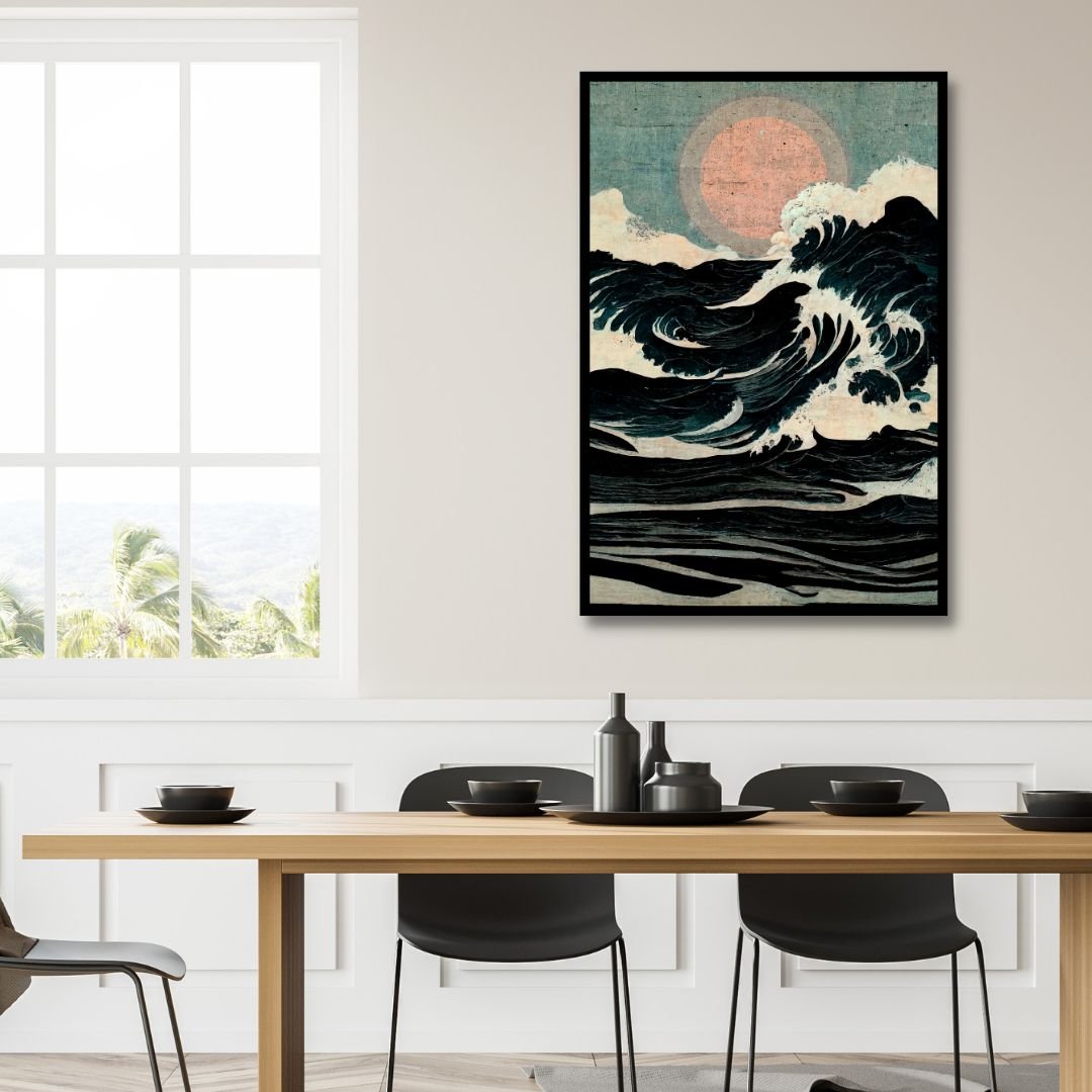 Japandi Inspired Oil Painting of Energetic Waves with Serene Sunset
