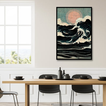 Japandi Inspired Oil Painting of Energetic Waves with Serene Sunset