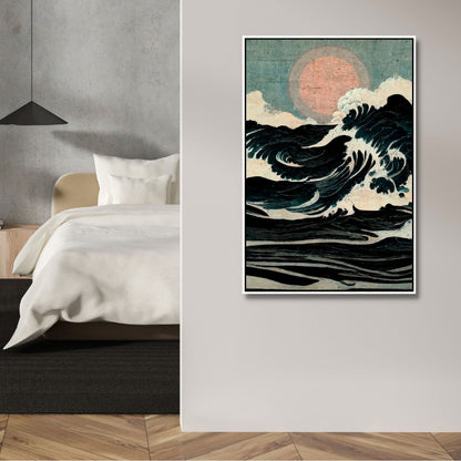 Japandi Inspired Oil Painting of Energetic Waves with Serene Sunset