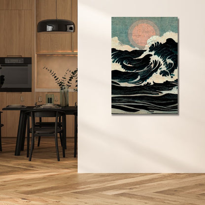 Japandi Inspired Oil Painting of Energetic Waves with Serene Sunset