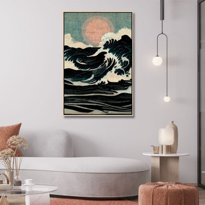 Japandi Inspired Oil Painting of Energetic Waves with Serene Sunset
