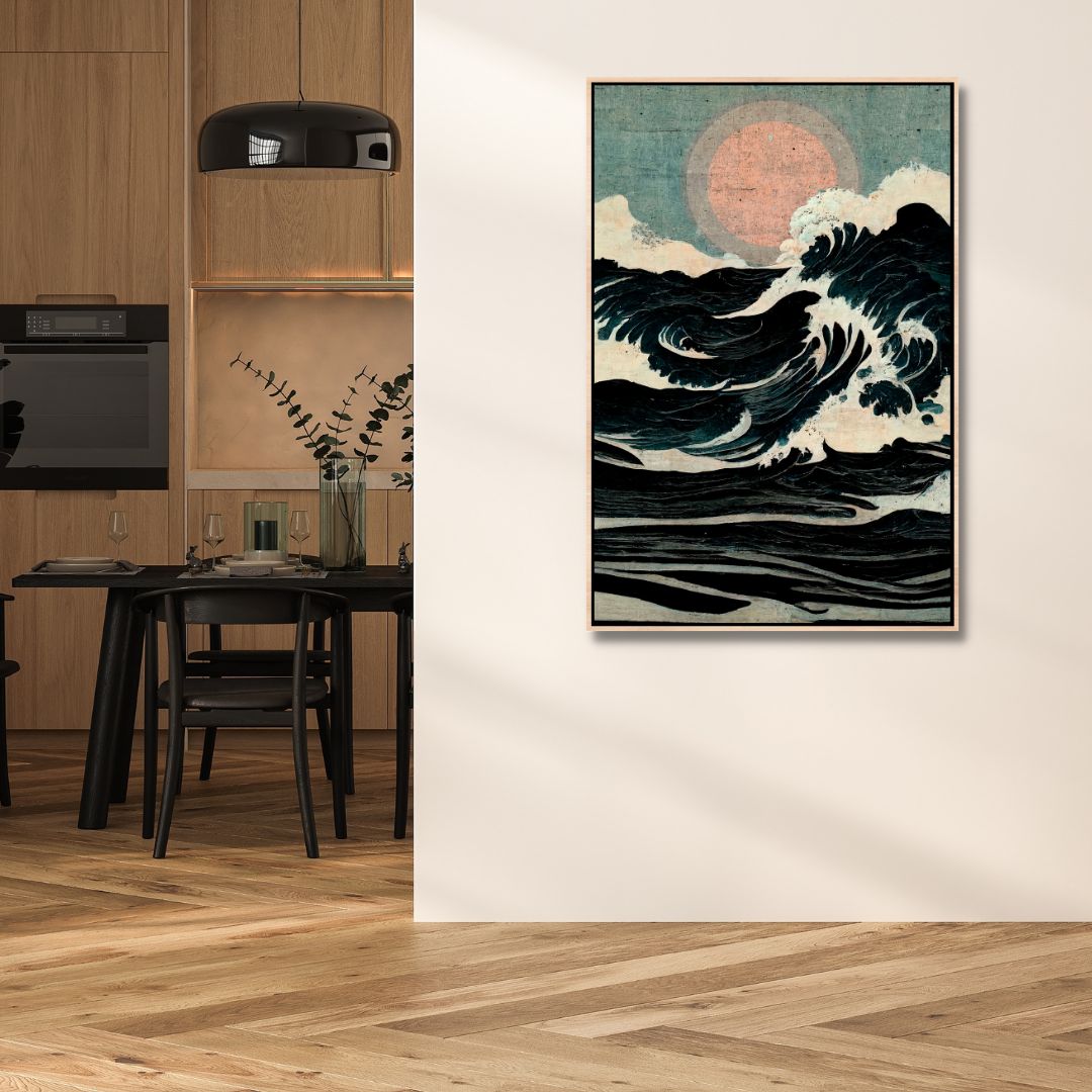 Japandi Inspired Oil Painting of Energetic Waves with Serene Sunset