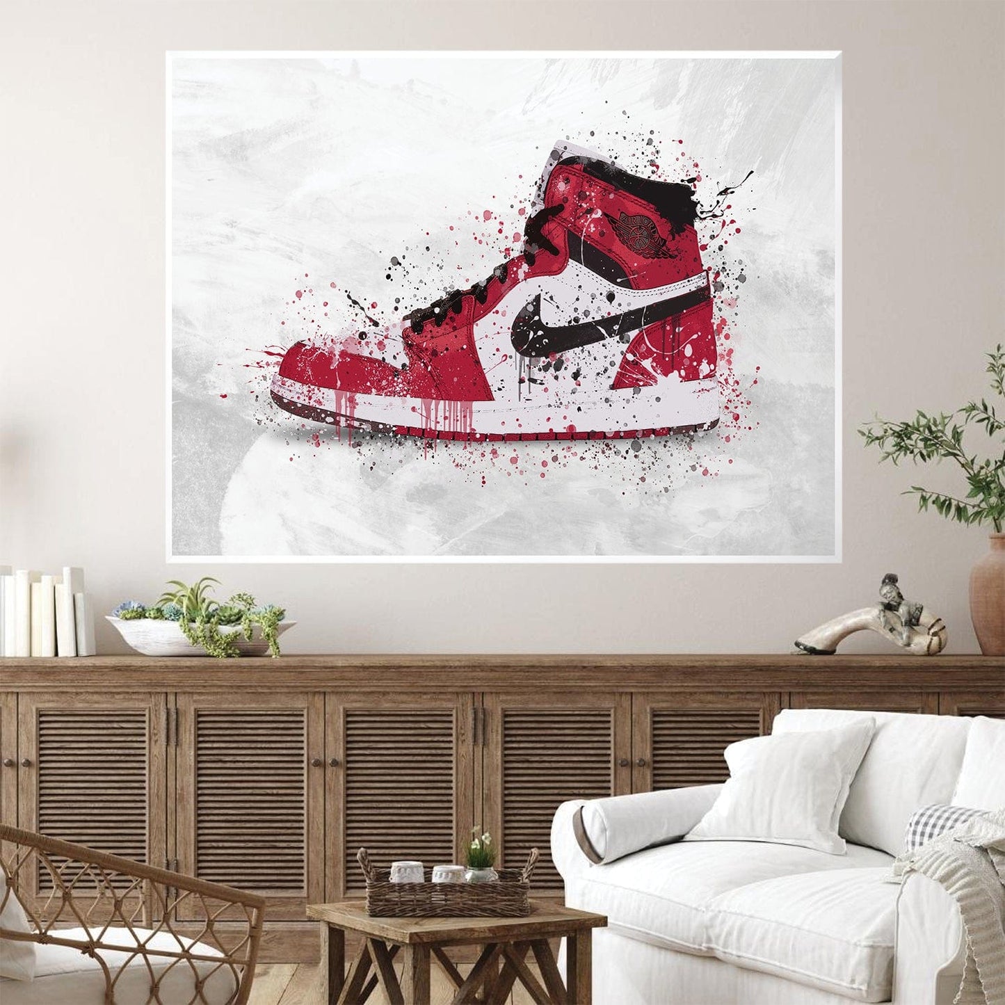 Abstract Oil Painting of Iconic Red and Black High Top Sneakers