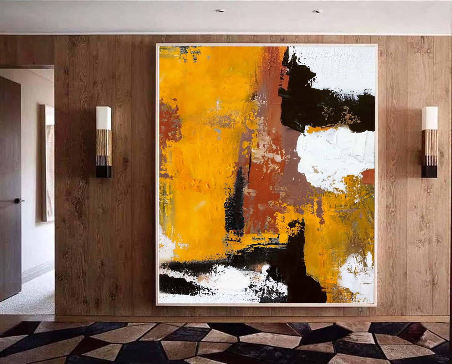 Vibrant Abstract Oil Painting in Yellow and Black for Modern Home Decor