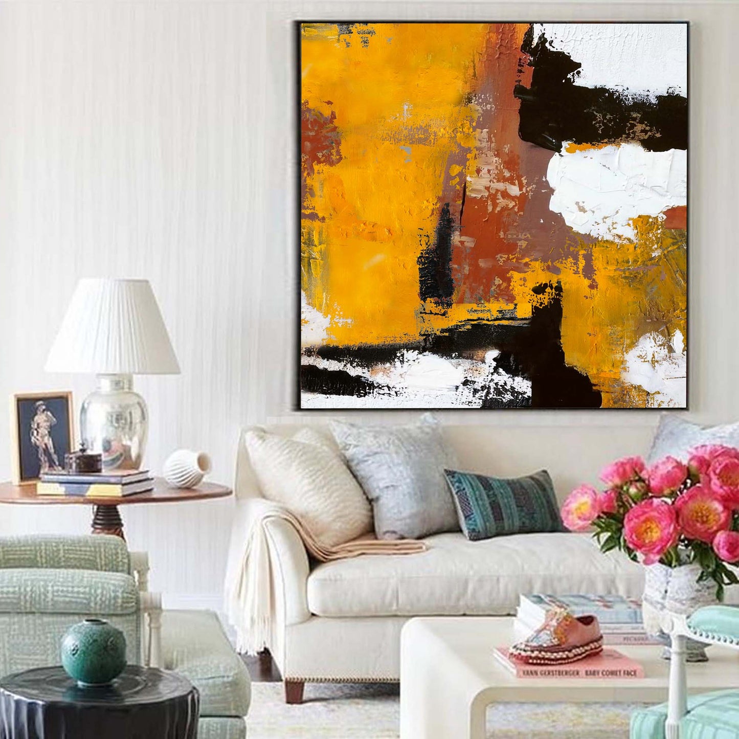 Vibrant Abstract Oil Painting in Yellow and Black for Modern Home Decor