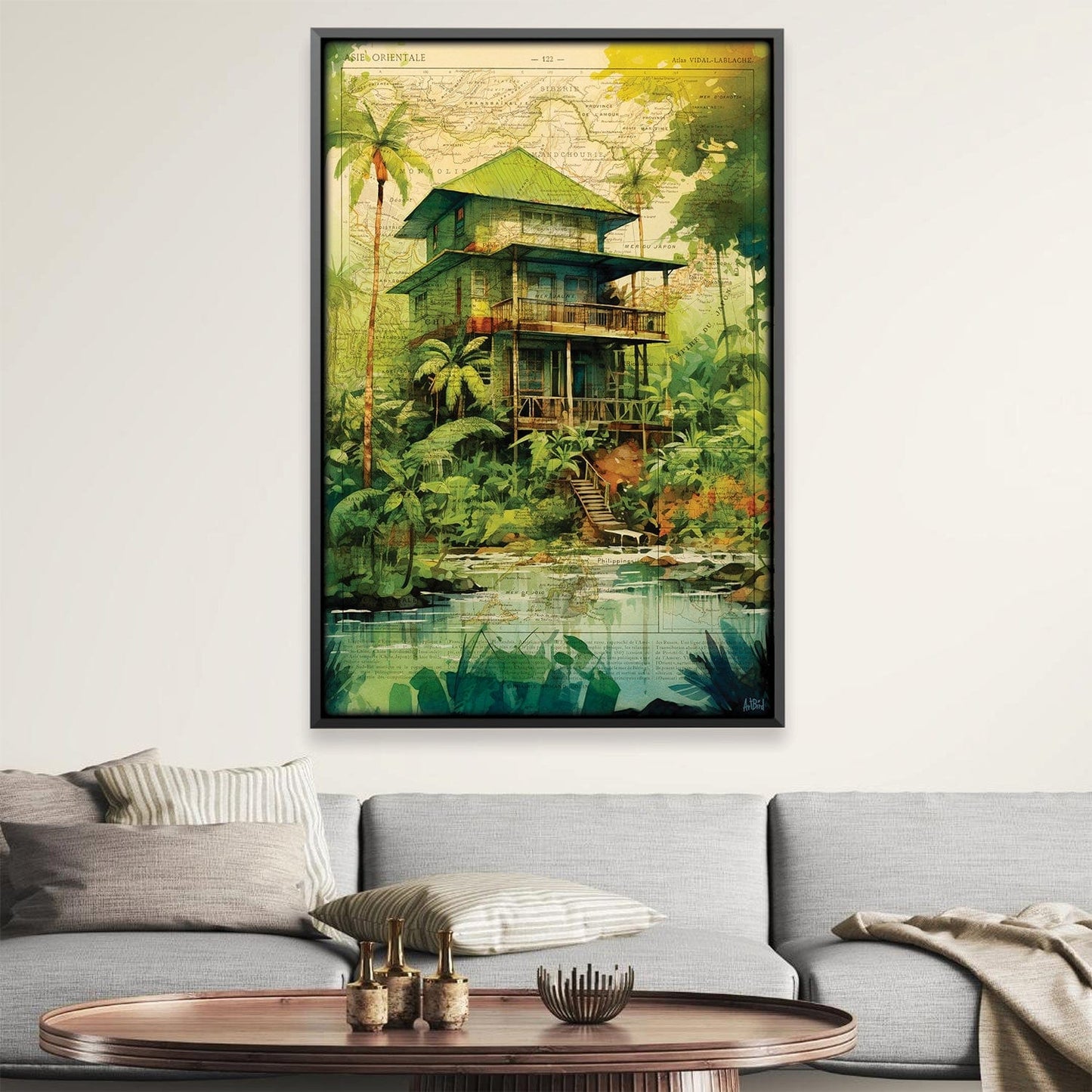 Vibrant Jungle House Oil Painting with Lush Greenery and Tranquil Waters