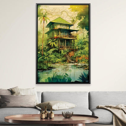 Vibrant Jungle House Oil Painting with Lush Greenery and Tranquil Waters