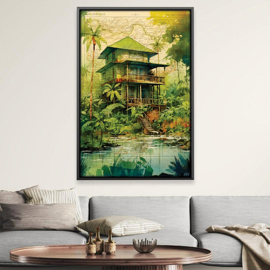 Vibrant Jungle House Oil Painting with Lush Greenery and Tranquil Waters