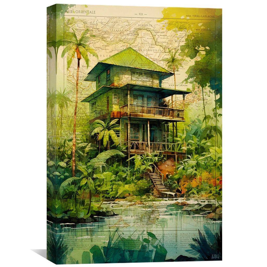 Vibrant Jungle House Oil Painting with Lush Greenery and Tranquil Waters