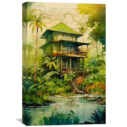 Vibrant Jungle House Oil Painting with Lush Greenery and Tranquil Waters