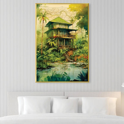 Vibrant Jungle House Oil Painting with Lush Greenery and Tranquil Waters