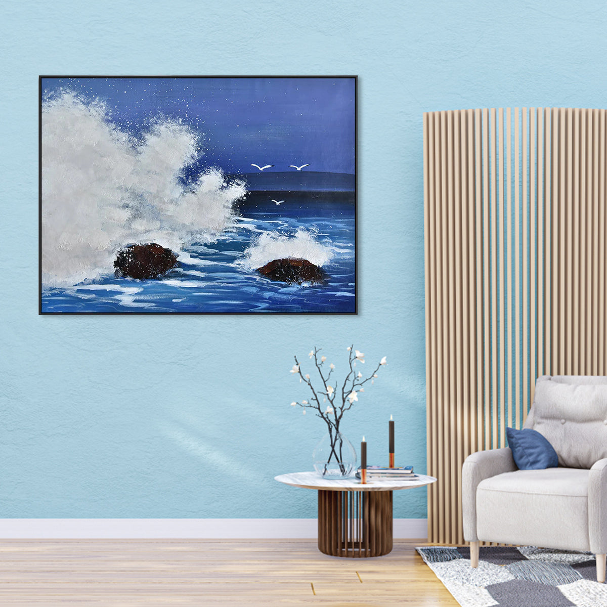 Tranquil Ocean Waves with Serenity and Soothing Blue Tones Oil Painting